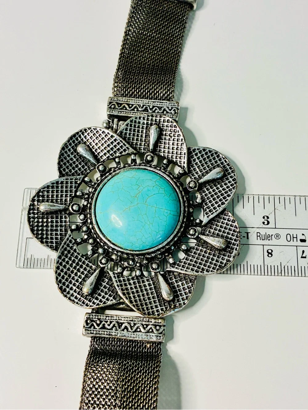 Faux Turquoise Center Floral Silver Bracelet - Women Jewelry Oversized Casual